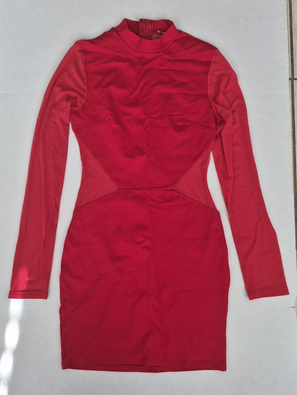 Long-Sleeve Mesh Panel Bodycon Dress - Red